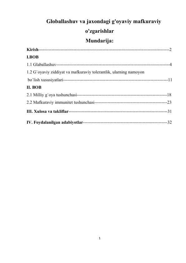 Globallashuv va jaxondagi g'oyaviy mafkuraviy o'zgarishlar