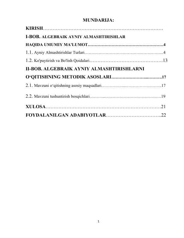 ALGEBRAIK AYNIY ALMASHTIRISHLAR