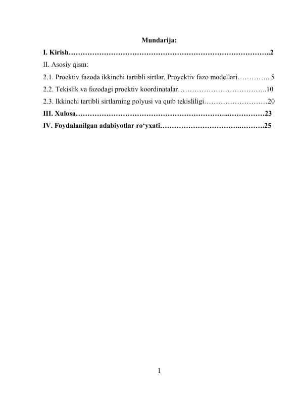 Proyektiv fazoda ikkinchi tartibli sirtlar. Proyektiv fazo modellari mavzusida kurs ishi