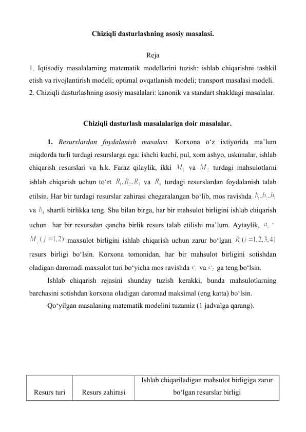 Chiziqli dasturlashning asosiy masalasi