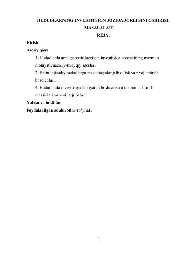 HUDUDLARNING INVESTITSION JOZIBADORLIGINI OSHIRISH MASALALARI