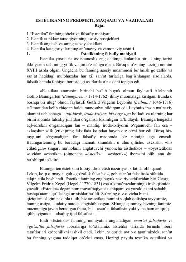 ESTETIKANING PREDMETI, MAQSADI VA VAZIFALARI