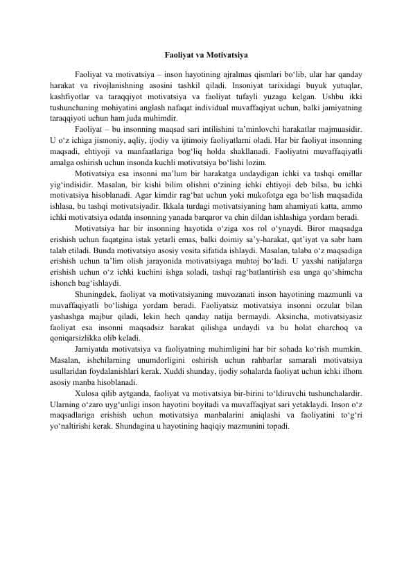FAOLIYAT VA MOTIVATSIYA