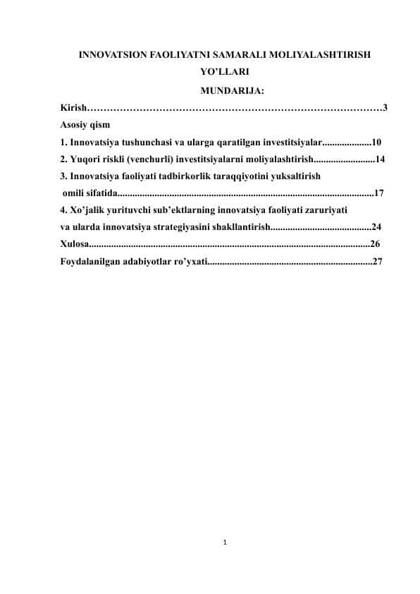 INNOVATSION FAOLIYATNI SAMARALI MOLIYALASHTIRISH YO’LLARI