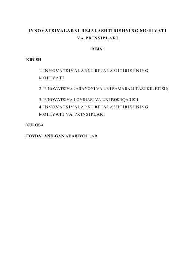 INNOVATSIYALARNI REJALASHTIRISHNING MOHIYATI VA PRINSIPLARI