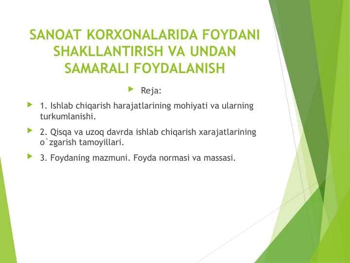 SANOAT KORXONALARIDA FOYDANI SHAKLLANTIRISH VA UNDAN SAMARALI FOYDALANISH