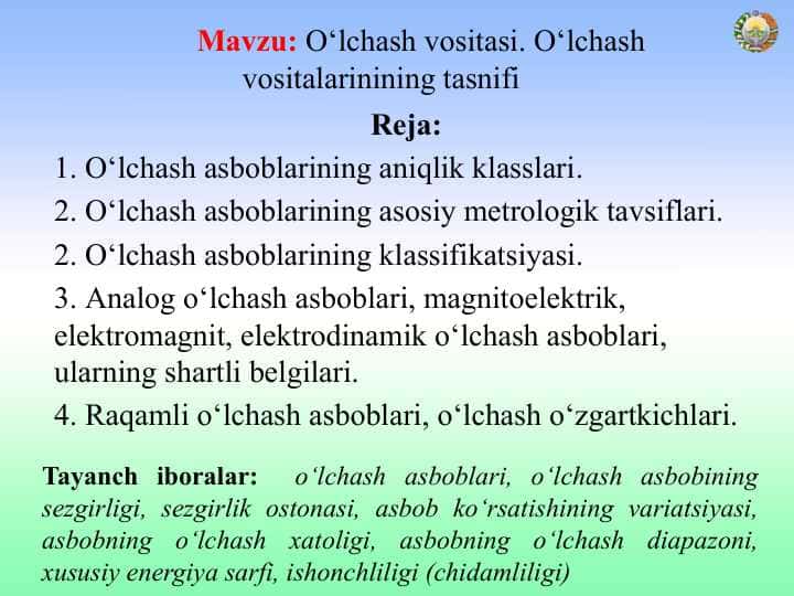 O‘lchash vositasi. O‘lchash vositalarinining tasnifi