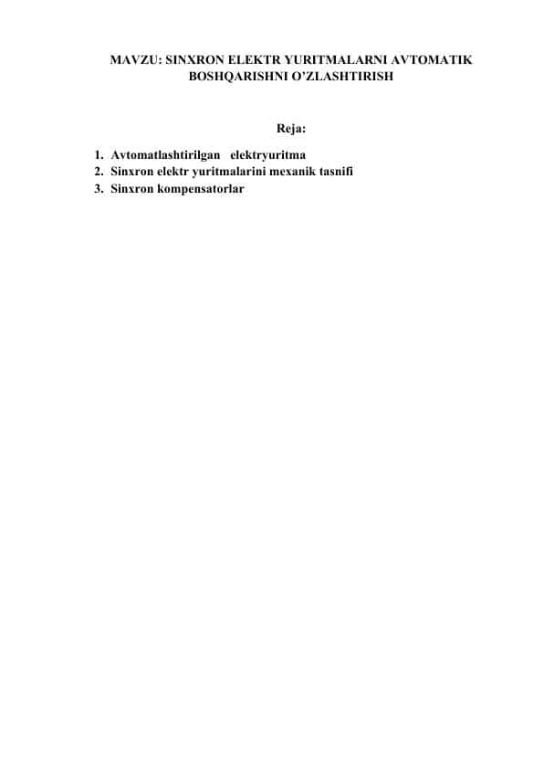 SINXRON ELEKTR YURITMALARNI AVTOMATIK BOSHQARISHNI O’ZLASHTIRISH