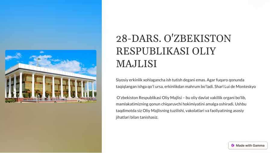 9-sinf 28-DARS OZBEKISTON RESPUBLIKASI OLIY MAJLISI