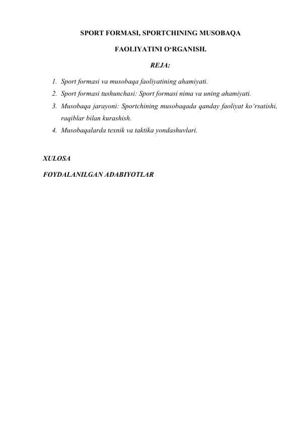 SPORT FORMASI, SPORTCHINING MUSOBAQA FAOLIYATINI O‘RGANISH.
