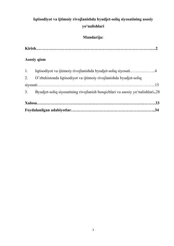 Iqtisodiyot va ijtimoiy rivojlanishda byudjet-soliq siyosatining asosiy yoʻnalishlari