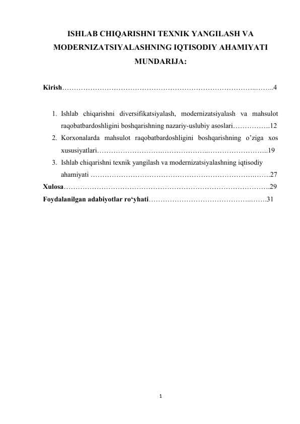 ISHLAB CHIQARISHNI TEXNIK YANGILASH VA MODERNIZATSIYALASHNING IQTISODIY AHAMIYATI