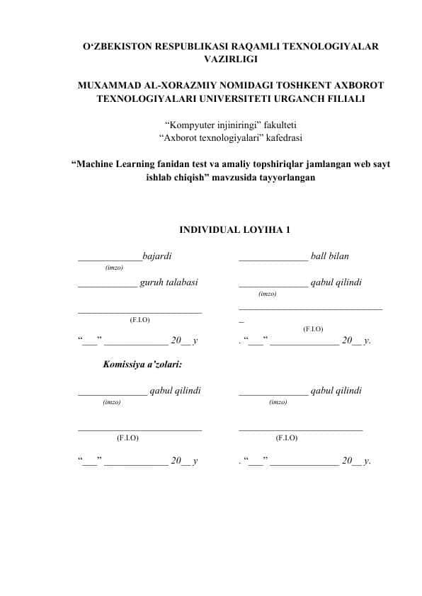 Machine Learning fanidan test va amaliy topshiriqlar jamlangan web sayt ishlab chiqish