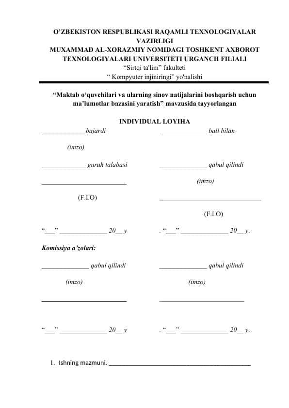 Maktab o‘quvchilari va ularning sinov natijalarini boshqarish uchun ma’lumotlar bazasini yaratish