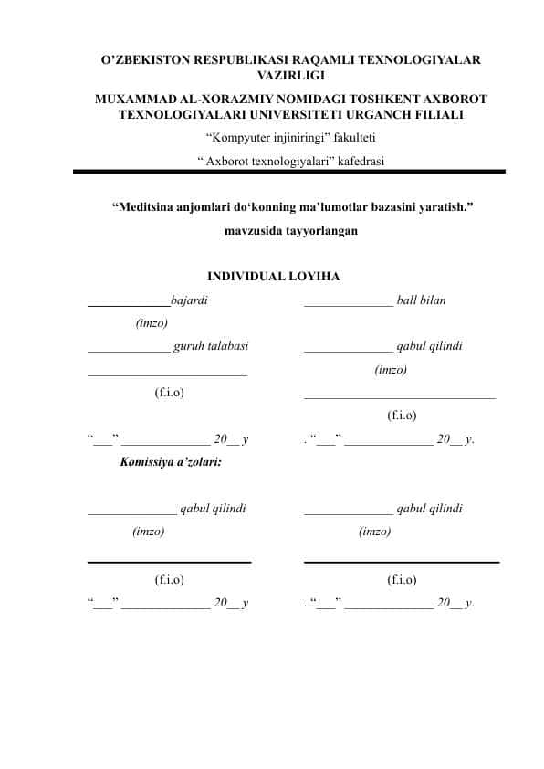“Meditsina anjomlari do‘konning ma’lumotlar bazasini yaratish.”