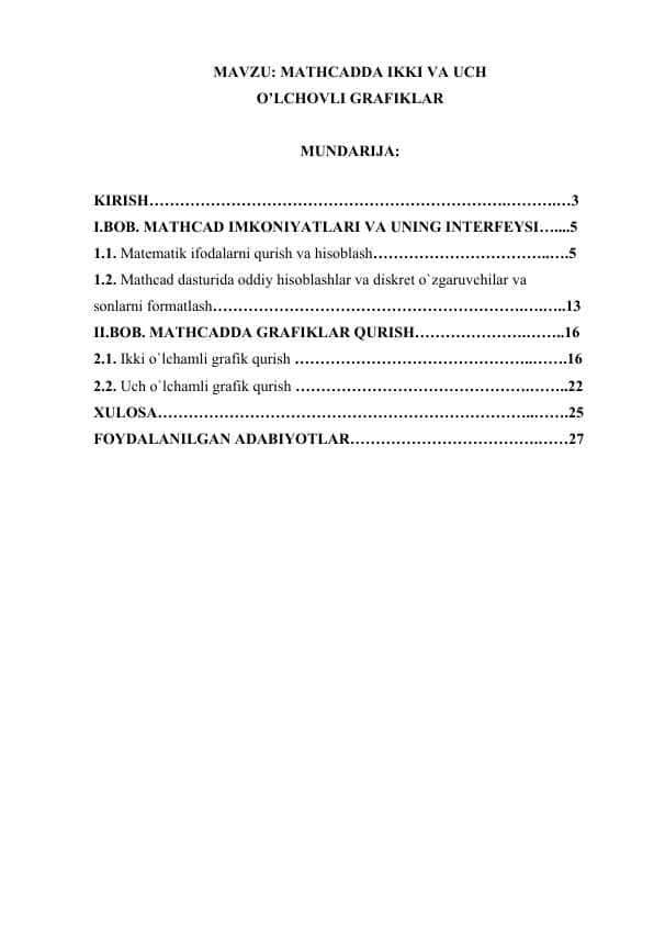 MATHCADDA IKKI VA UCH o'lchovli grafiklar