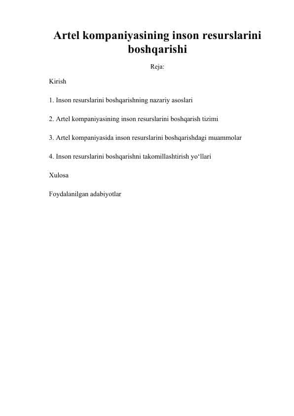 Artel kompaniyasining inson resurslarini boshqarishi.docx