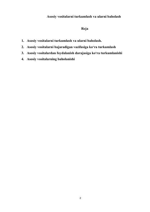 Asosiy vositalarni turkumlash va ularni baholash.docAsosiy vositalarni turkumlash va ularni baholash.doc