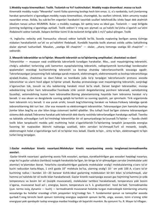Fizika fanidan savol javoblar