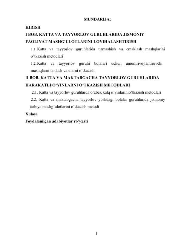 KATTA VA TAYYORLOV GURUHLARIDA JISMONIY FAOLIYAT MASHG'ULOTLARINI LOYIHALASHTIRISH