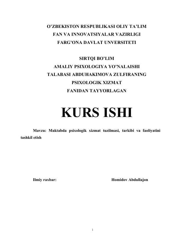 Maktabda psixologik xizmat tuzilmasi, tarkibi va faoliyatini tashkil etish