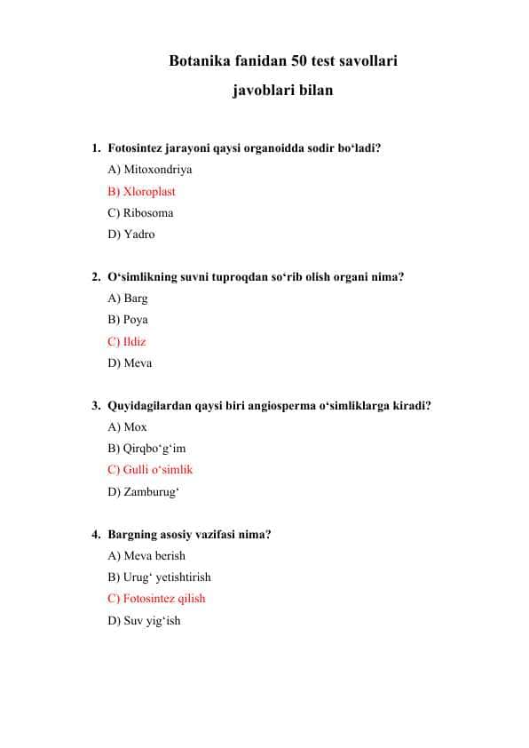 Botanika fanidan 50 test savollari javoblari bilan