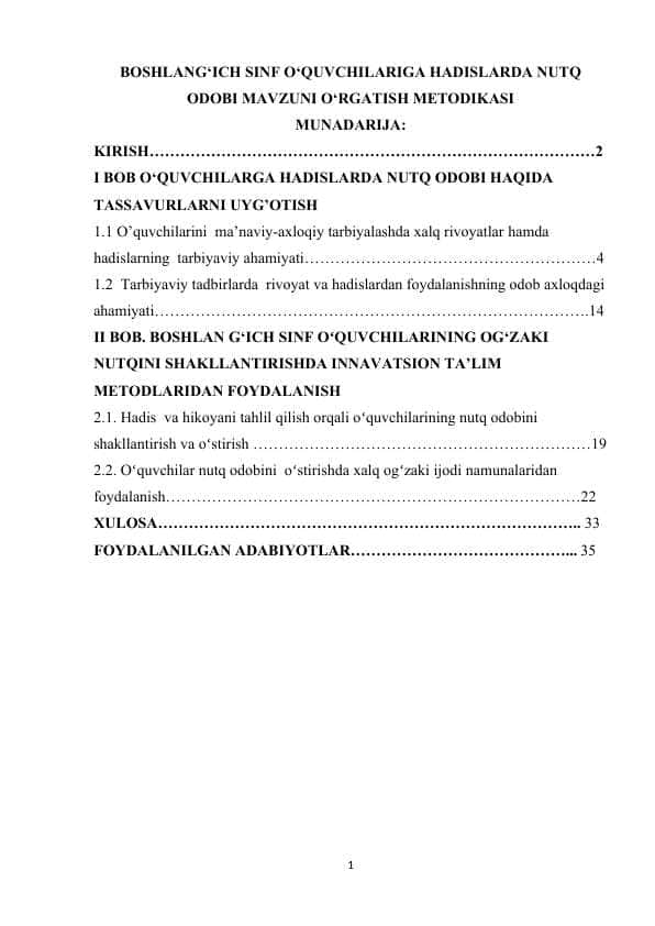BOSHLANG‘ICH SINF O‘QUVCHILARIGA HADISLARDA NUTQ ODOBI MAVZUNI O‘RGATISH METODIKASI
