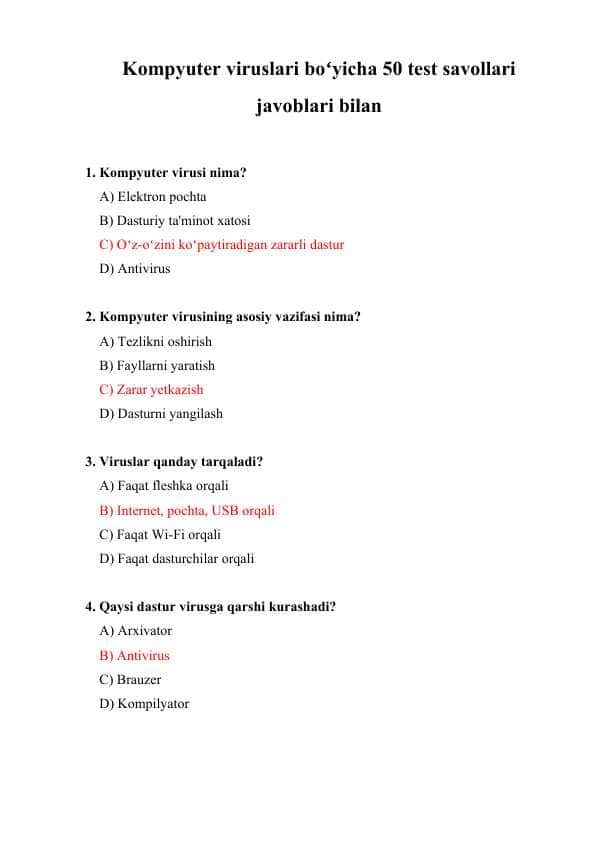 Kompyuter viruslari boʻyicha 50 test savollari javoblari bilan