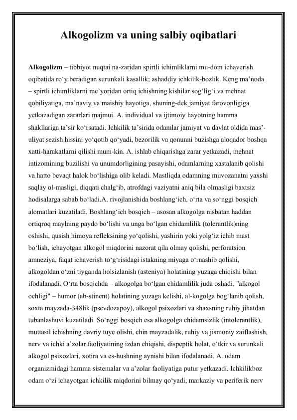 Alkogolizm va uning salbiy oqibatlari