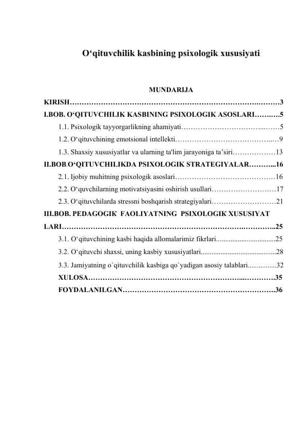 O‘QITUVCHILIK KASBINING PSIXOLOGIK XUSUSIYATI