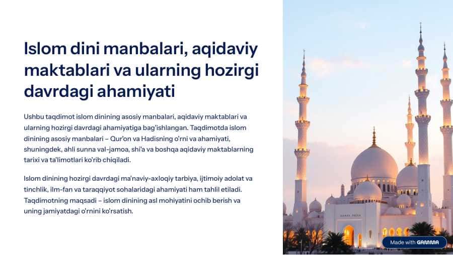 Islom dini manbalari, aqidaviy maktablari va ularning hozirgi davrdagi ahamiyati Slayd