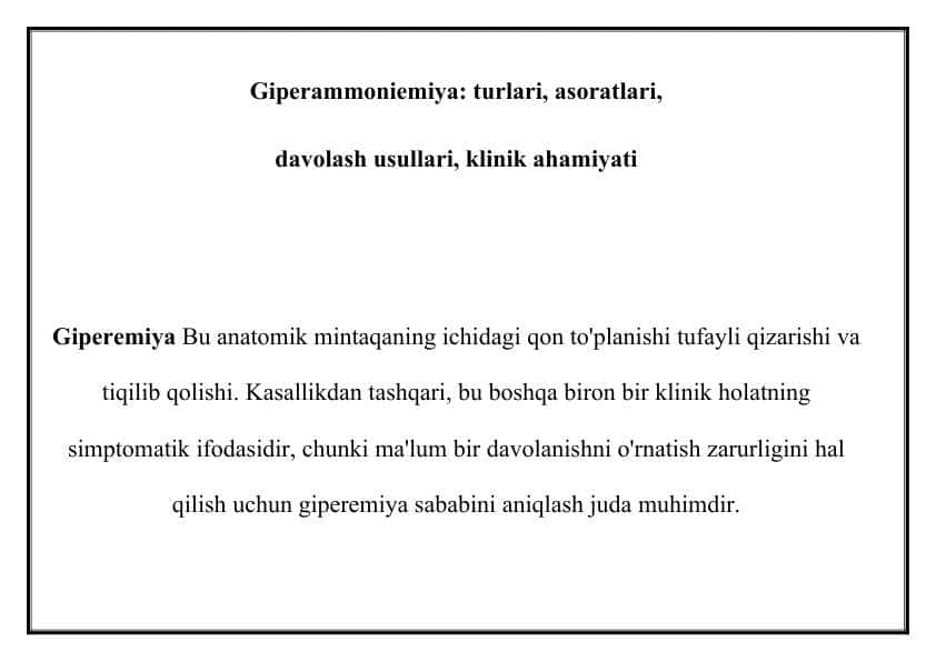 Giperammoniemiya albomniturlari, asoratlari, davolash usullari,