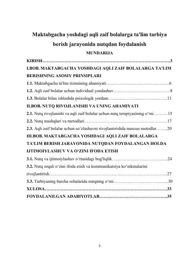 Maktabgacha yoshdagi aqli zaif bolalarga ta'lim tarbiya berish jarayonida nutqdan foydalanish
