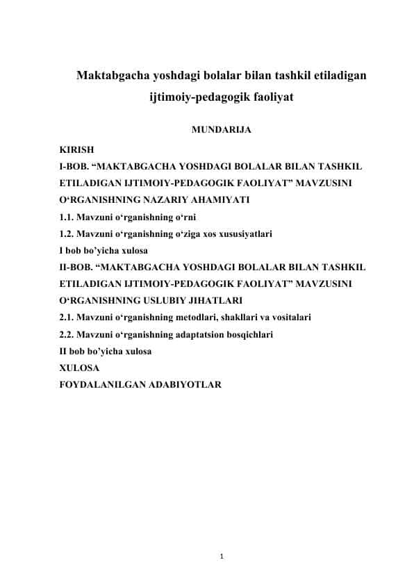 Maktabgacha yoshdagi bolalar bilan tashkil etiladigan ijtimoiy-pedagogik faoliyat