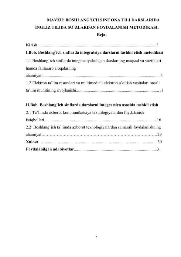 BOSHLANG’ICH SINF ONA TILI DARSLARIDA INGLIZ TILIDA SO`ZLARDAN FOYDALANISH METODIKASI