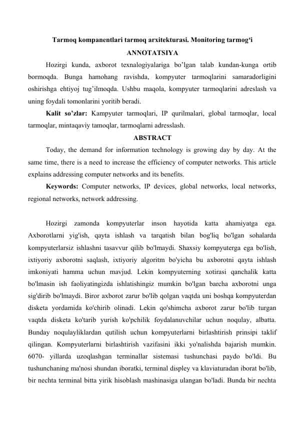 Tarmoq kompanentlari tarmoq arxitekturasi. Monitoring tarmogʻi