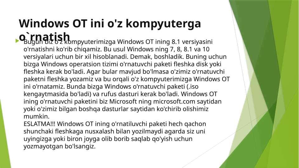 Windows OT ini o'z kompyuterga o`rnatish