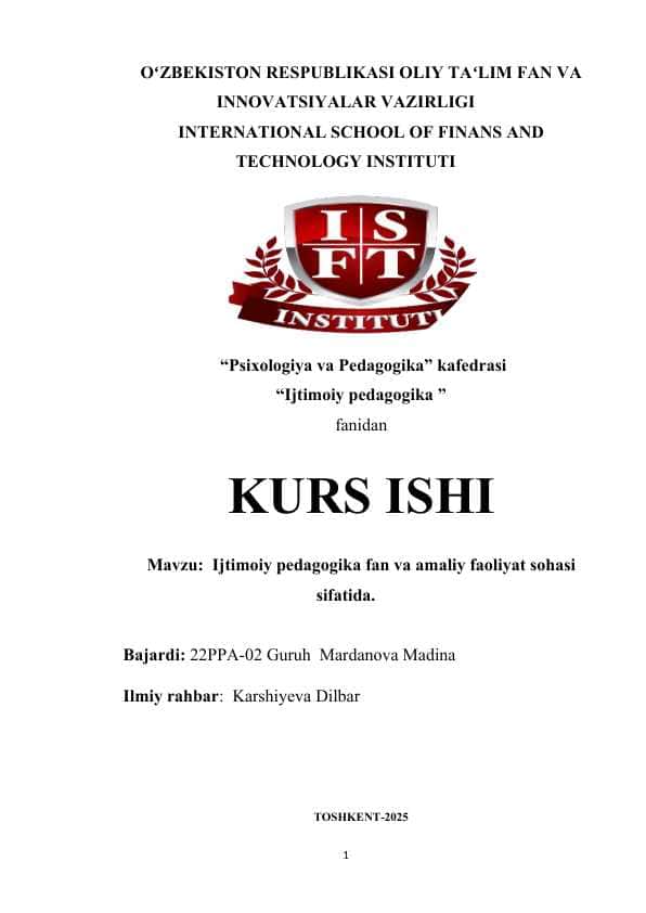 Ijtimoiy pedagogika fan va amaliy faoliyat sohasi sifatida.