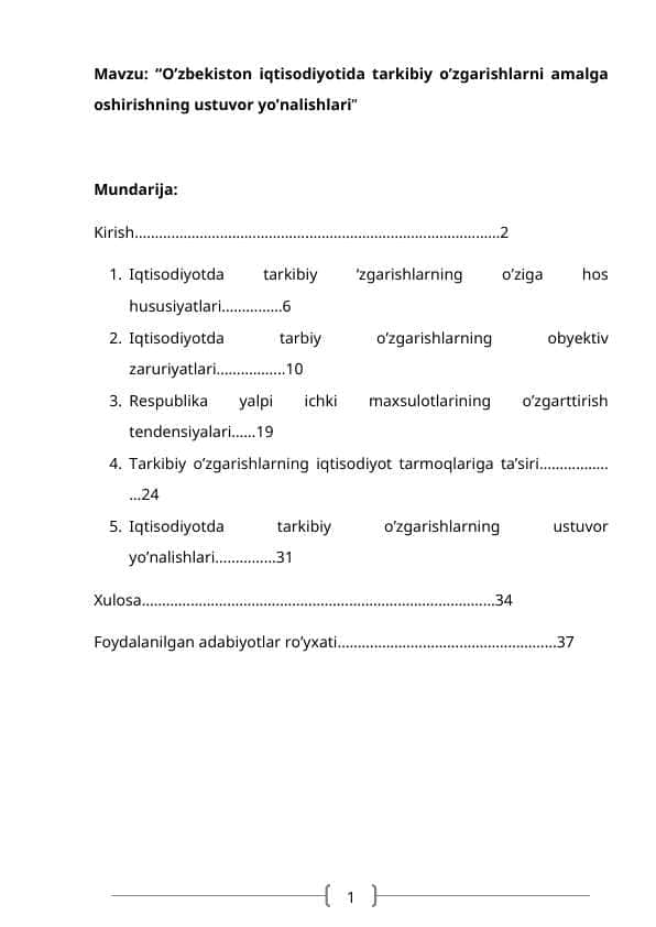 “O’zbekiston iqtisodiyotida tarkibiy o’zgarishlarni amalga oshirishning ustuvor yo’nalishlari”