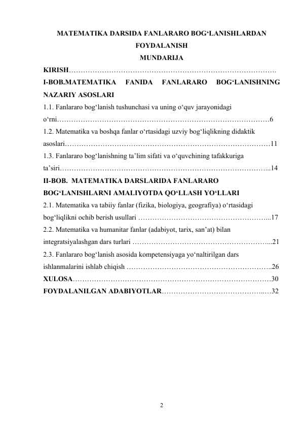 MATEMATIKA DARSIDA FANLARARO BOG‘LANISHLARDAN FOYDALANISH