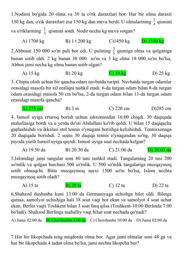 Prezident maktabiga tayyorgarlik Matematika 3-4-sinf test