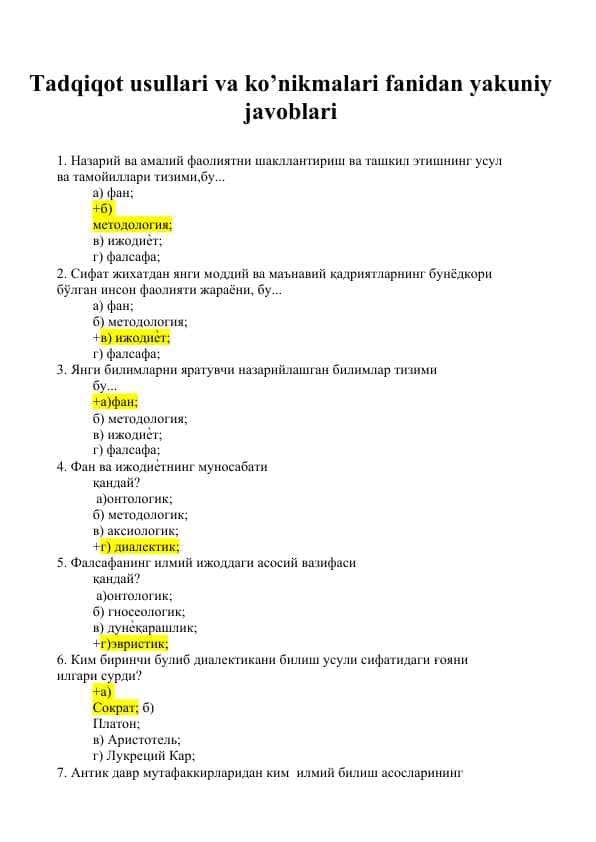 Tadqiqot usullari va ko’nikmalari fanidan yakuniy javoblari pptx