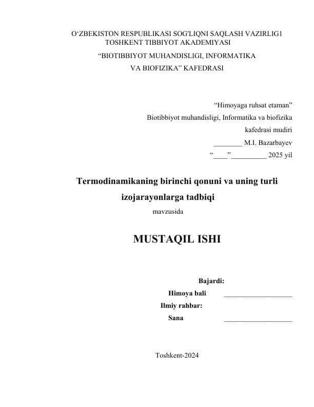 Termodinamikaning birinchi qonuni va uning turli izojarayonlarga tadbiqi