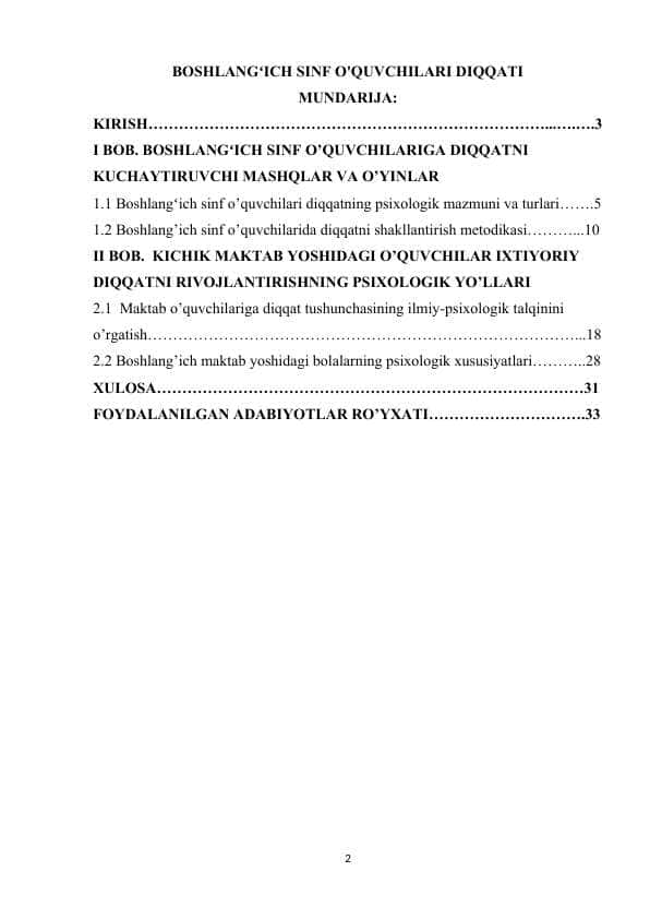 BOSHLANGʻICH SINF O'QUVCHILARI DIQQATI