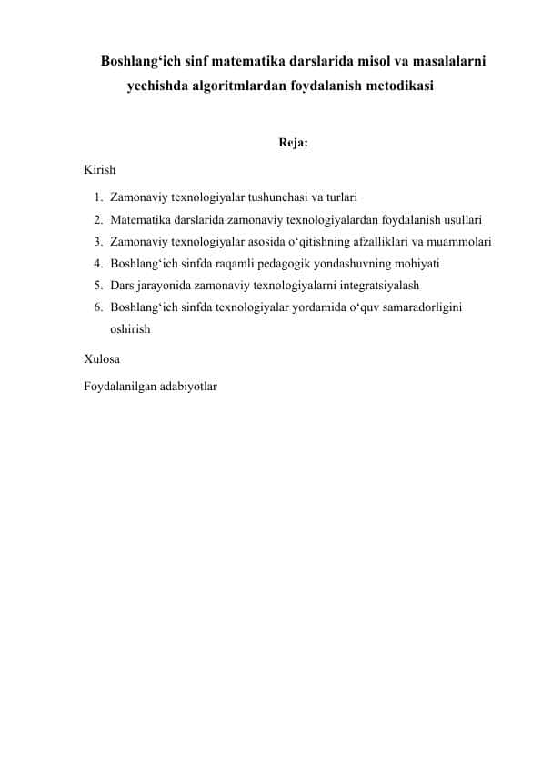 Boshlang‘ich sinf matematika darslarida misol va masalalarni yechishda algoritmlardan foydalanish metodikasi