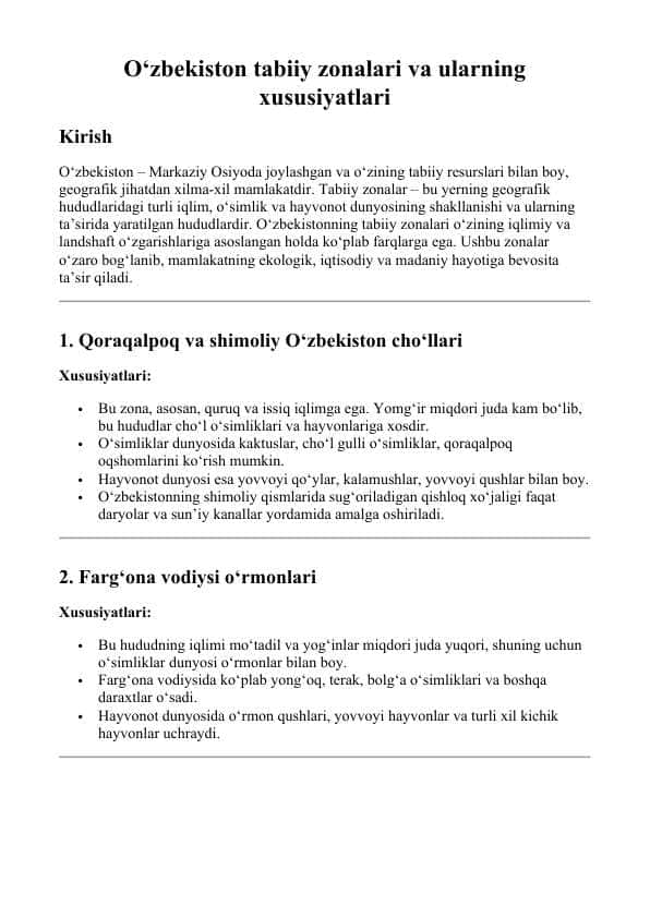 O‘zbekiston tabiiy zonalari va ularning xususiyatlari