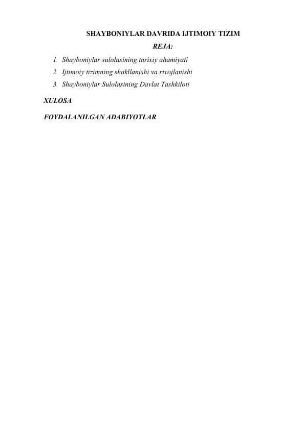 SHAYBONIYLAR DAVRIDA IJTIMOIY TIZIM