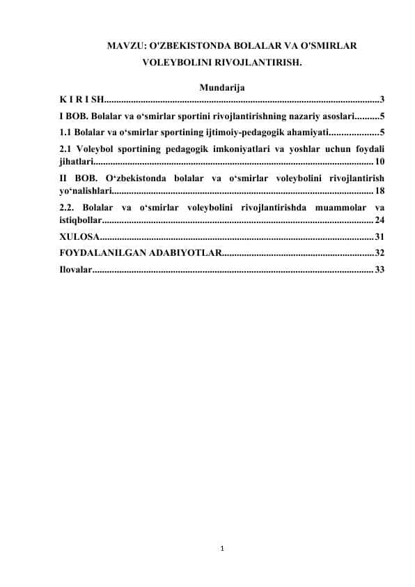 O'zbekistonda bolalar va o'smirlar voleybolini rivojlantirish.