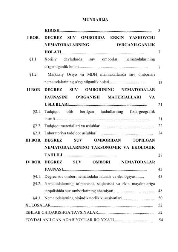 DEGREZ SUV OMBORIDA ERKIN YASHOVCHI NEMATODALARNING FAUNASI VA EKOLOGIYASI