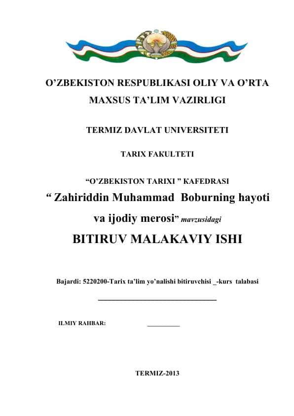 Zahiriddin Muhammad Boburning hayoti va ijodiy merosi
